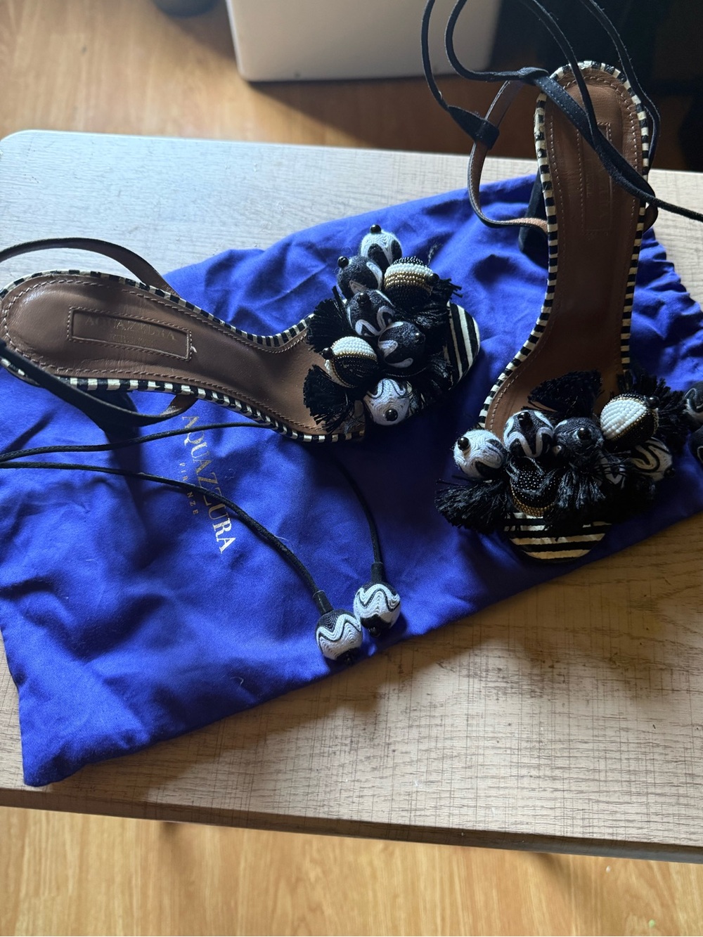 Aquazzura Black & White Beaded Lace-Up Heels